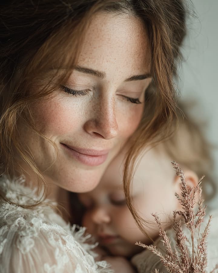 Mutter hält ihr Neugeborenes liebevoll im Arm — Hebammenbetreuung in der Hebammenpraxis Storchennest Berlin-Friedrichshagen